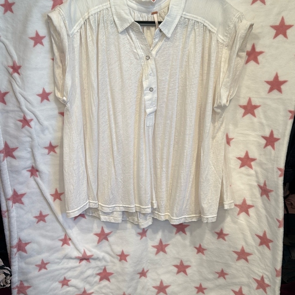 Free People White Low Down Henley Top - Large